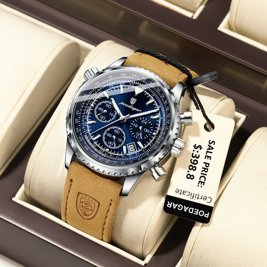 Swiss Design Men Watch - Quartz Waterproof Luminous Date Chronograph Leather Military Sports