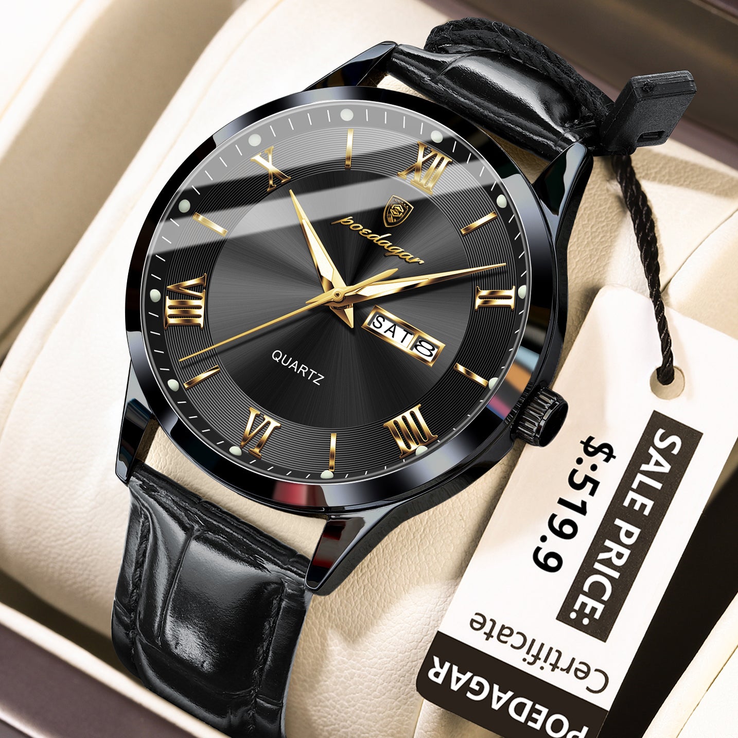 Swiss Design Men Watch - Waterproof Luminous Date Week Leather Quartz