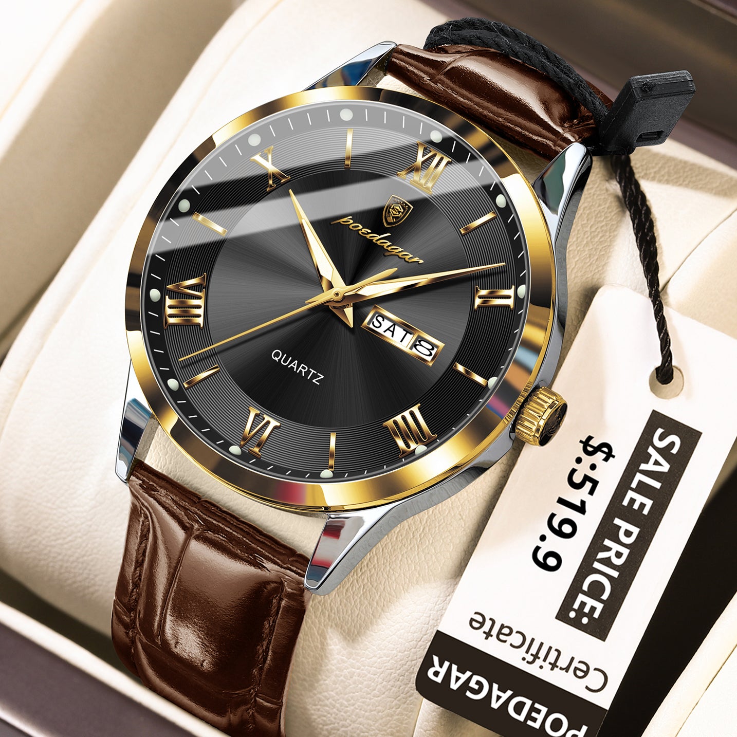 Swiss Design Men Watch - Waterproof Luminous Date Week Leather Quartz