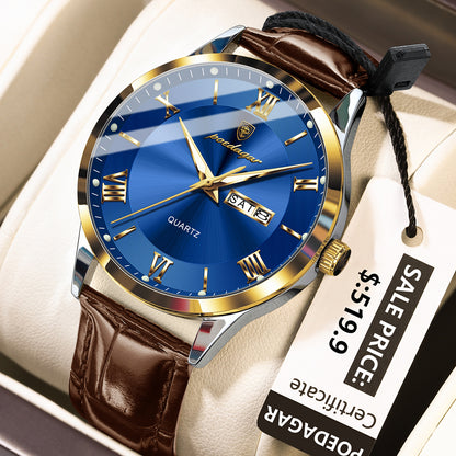 Swiss Design Men Watch - Waterproof Luminous Date Week Leather Quartz