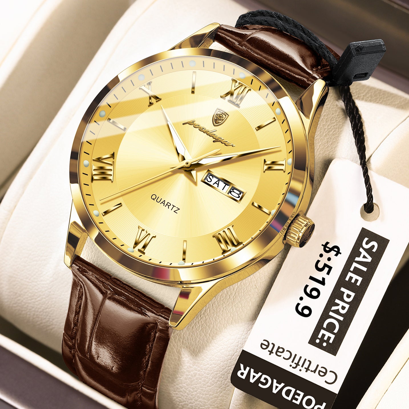 Swiss Design Men Watch - Waterproof Luminous Date Week Leather Quartz