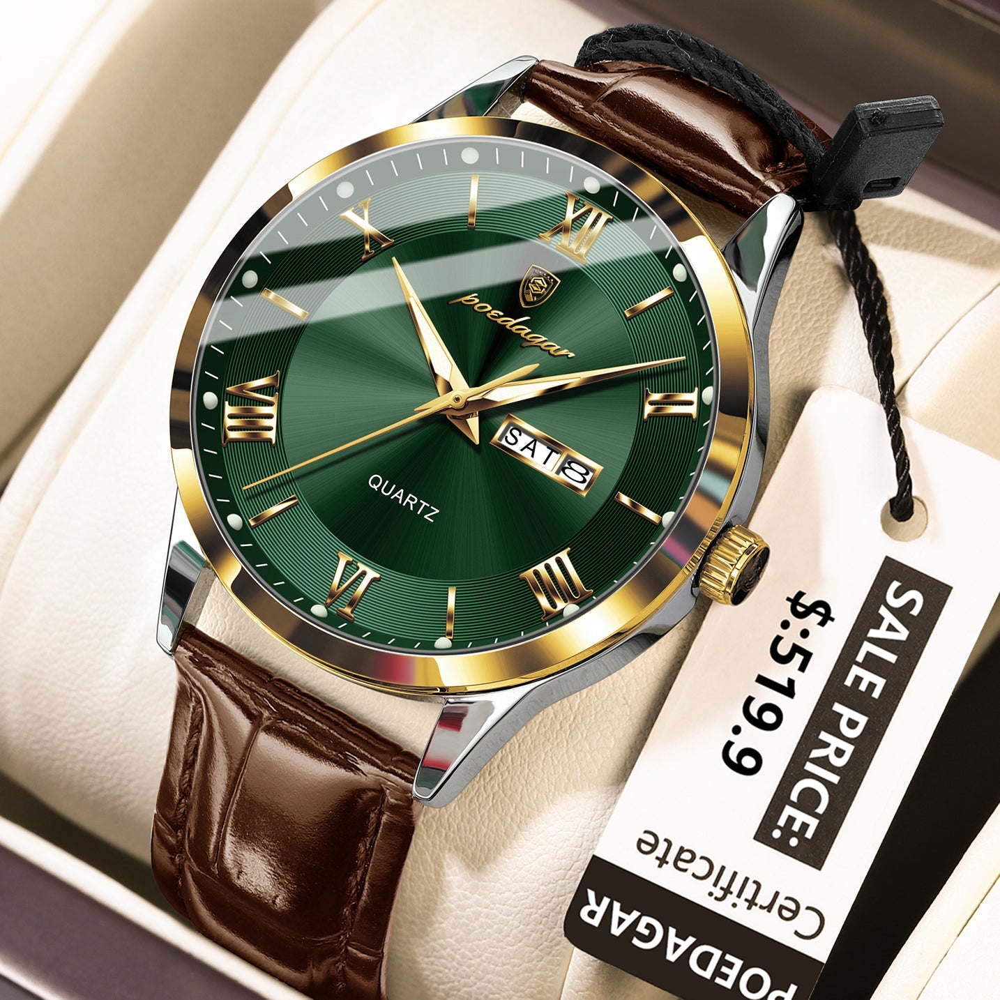 Swiss Design Men Watch - Waterproof Luminous Date Week Leather Quartz