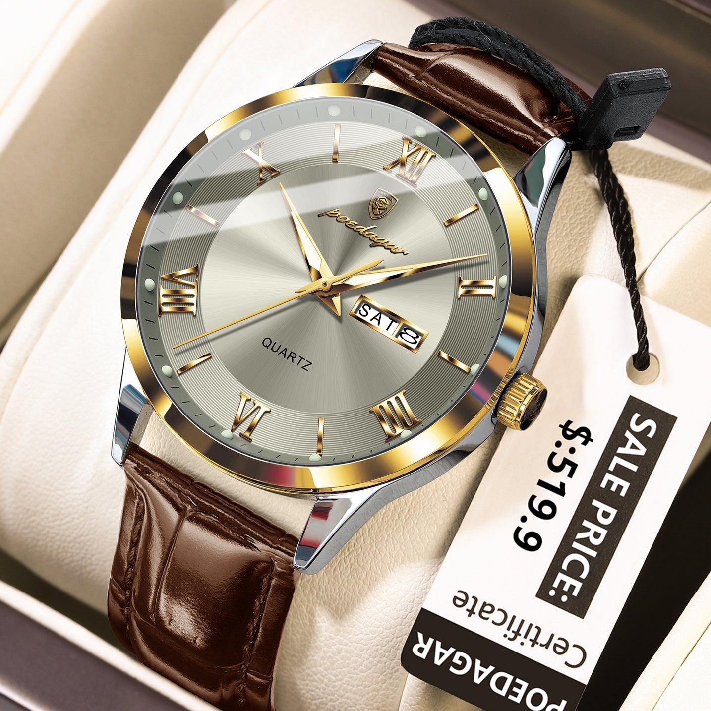 Swiss Design Men Watch - Waterproof Luminous Date Week Leather Quartz