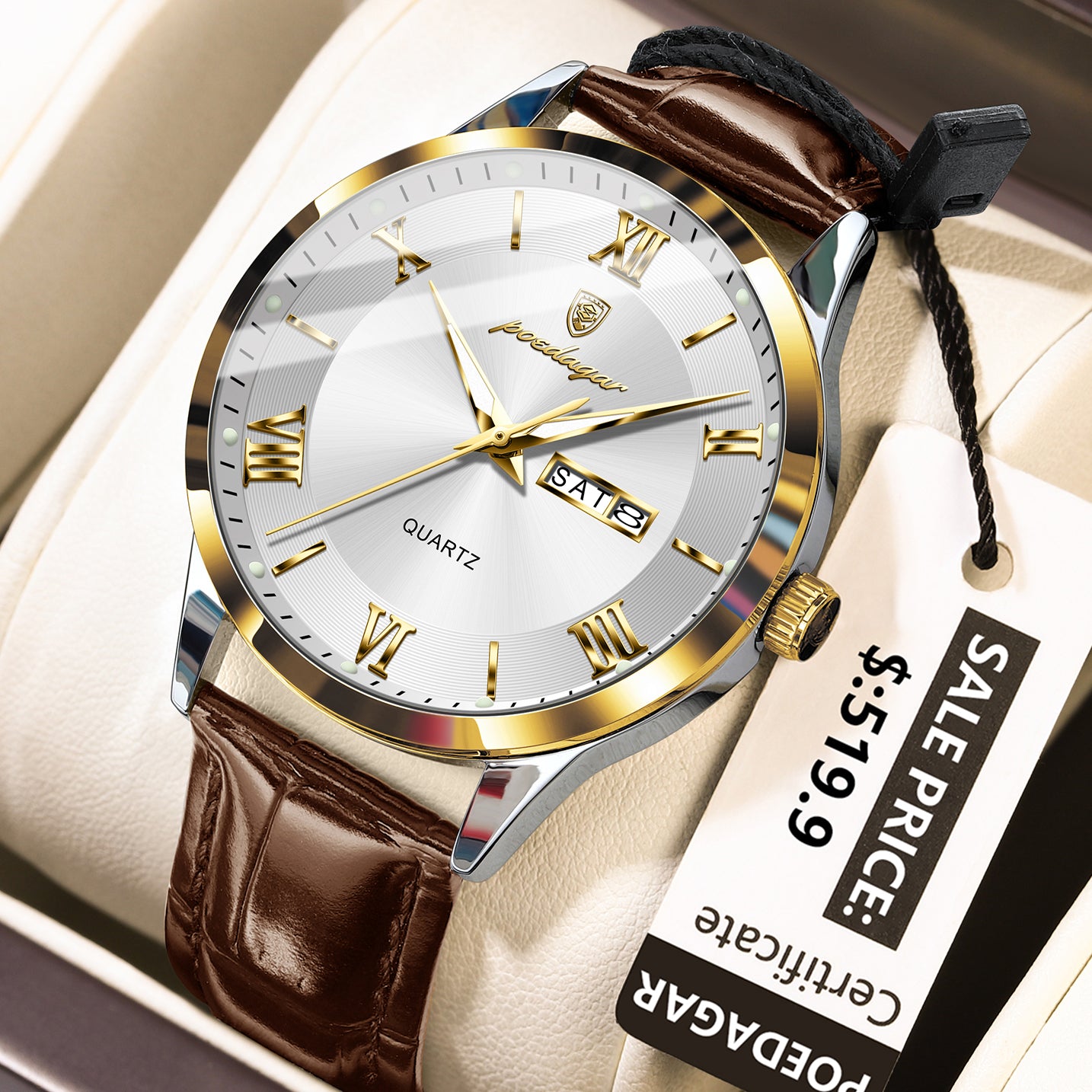 Swiss Design Men Watch - Waterproof Luminous Date Week Leather Quartz