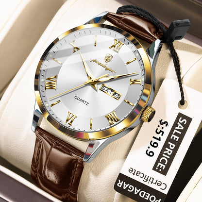 Swiss Design Men Watch - Waterproof Luminous Date Week Leather Quartz