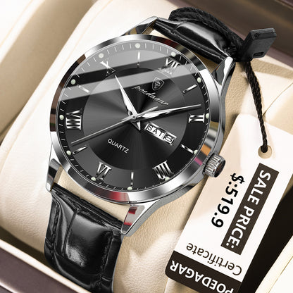 Swiss Design Men Watch - Waterproof Luminous Date Week Leather Quartz