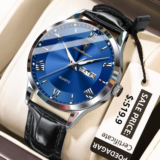 Swiss Design Men Watch - Waterproof Luminous Date Week Leather Quartz