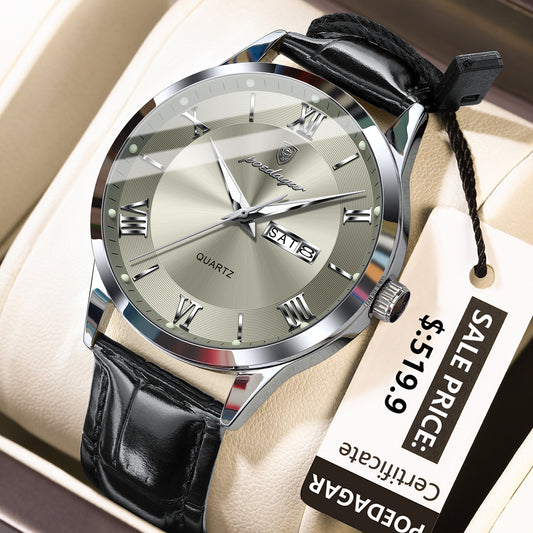 Swiss Design Men Watch - Waterproof Luminous Date Week Leather Quartz