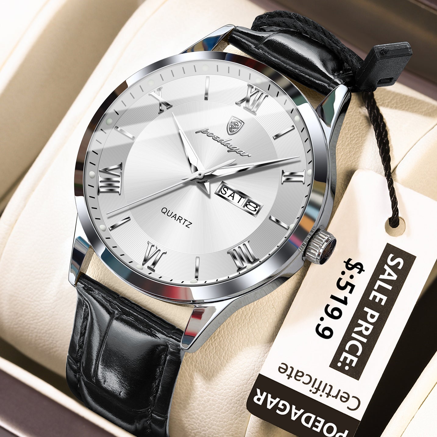 Swiss Design Men Watch - Waterproof Luminous Date Week Leather Quartz