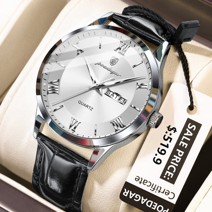 Swiss Design Men Watch - Waterproof Luminous Date Week Leather Quartz